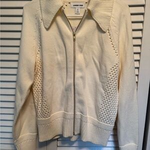 Lands' End Cream Zip-Front Knit Cardigan with Pointed Collar